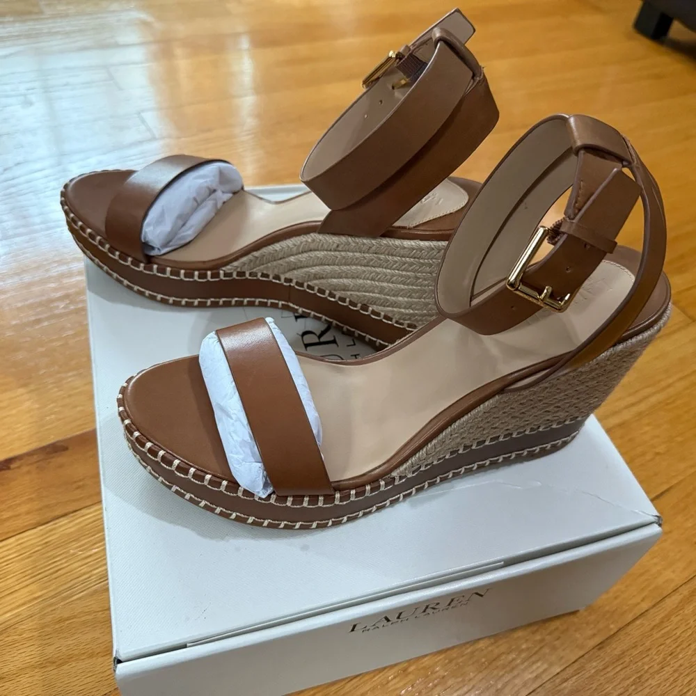Lauren Ralph Lauren Brown Wedge Sandals with Braided Detail - Picture 1 of 7